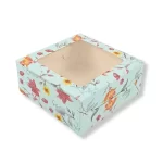 ShyamEco dry cake box, 8x8x3 inches with a top window and blue floral design – perfect for cakes, cookies, and baked goods.