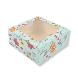ShyamEco dry cake box with top window, blue floral design, 7x7x3 inches – ideal for dry cakes, muffins, cookies, and desserts.