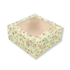 ShyamEco green floral dry cake box with top window, 7x7x3 inches – ideal for dry cakes, muffins, cookies, and pastries.