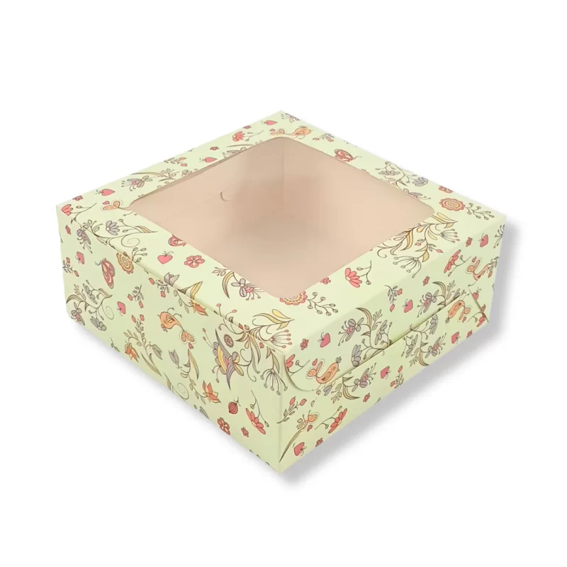 ShyamEco green floral dry cake box with top window, 7x7x3 inches – ideal for dry cakes, muffins, cookies, and pastries.